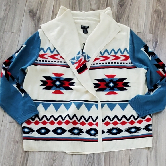 Wrangler Retro Western Open Drape Cardigan Sweater, Cream/Blue XL, Like New - Picture 3 of 14